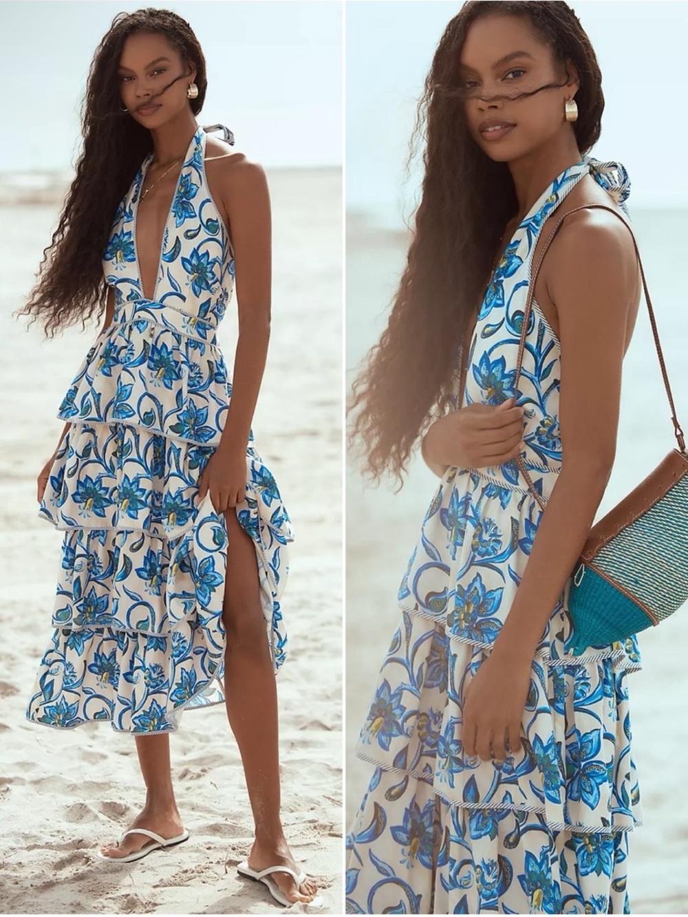Hunter Bell Berkley Crisscross Halter Tiered Ruffle Midi Dress Size 8 NEW